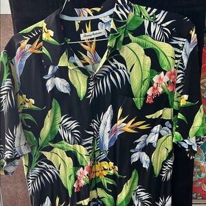 Tommy Bahama Black Tropical Floral Button-Down with Green, Yellow & Pink Accents